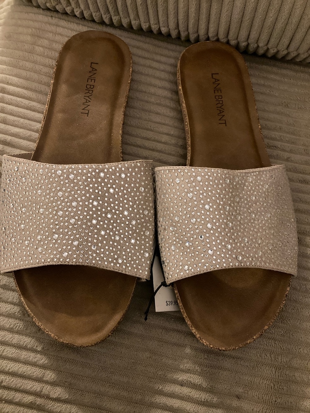 Lane Bryant Taupe Rhinestone Slides 10 WIDE